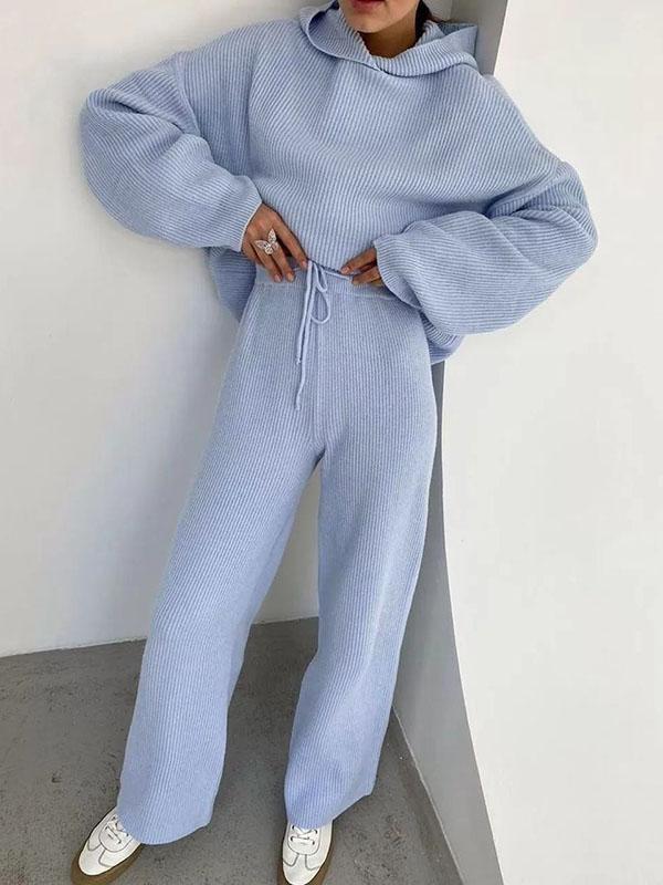 Loose Solid Color Round-Neck Hooded Long Sleeves Sweater Top + Drawstring Pants Bottom Two Pieces Set Product Image