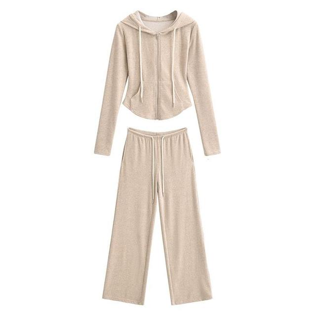 Drawstring Plain Crop Zip Hoodie / Drawstring Waist Plain Wide Leg Pants Product Image