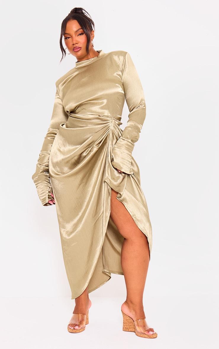 Plus Olive High Neck Ruching Detail Satin Midi Dress Product Image