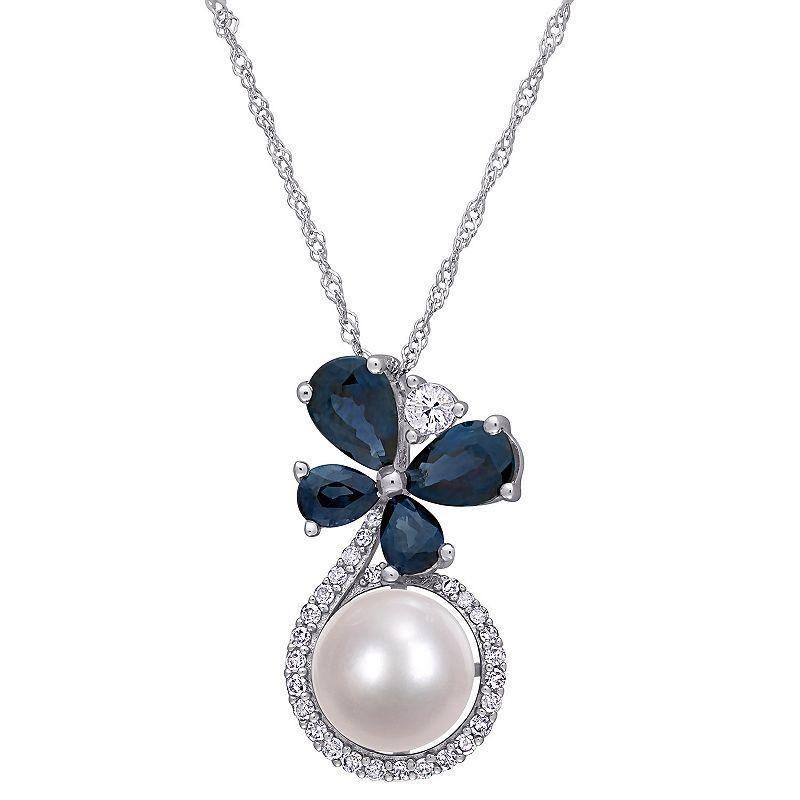 Stella Grace 10k White Gold 1/8 Carat T.W. Diamond, Freshwater Cultured Pearl & Sapphire Pendant Necklace, Womens Product Image