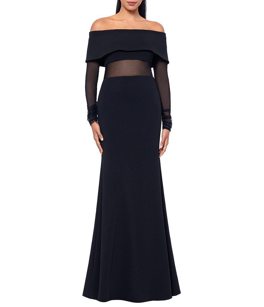 Betsy & Adam Scuba Crepe Off The Shoulder Neck Mesh Long Sleeve Gown Product Image