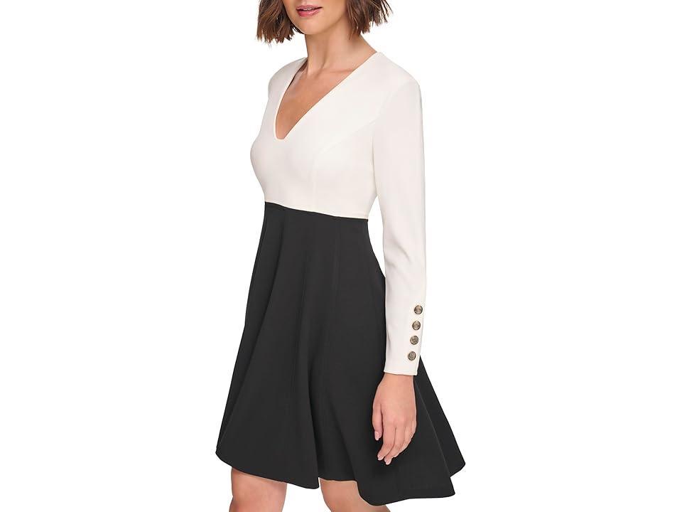 Tommy Hilfiger Long Sleeve Scuba Crepe Color-Block Fit-and-Flare (Cream/Black) Women's Dress Product Image