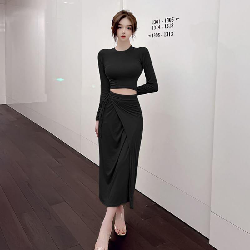 Set: Long-Sleeve Off Shoulder Plain Top + High Waist Asymmetrical Midi Skirt Product Image