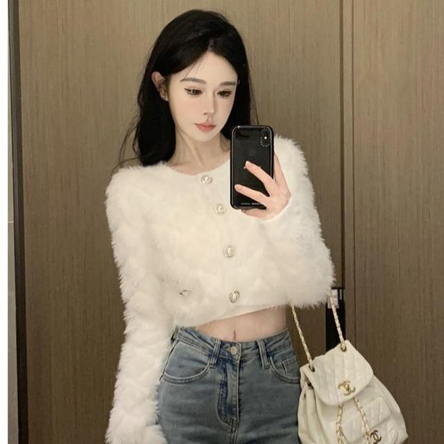 Round Neck Plain Fluffy Cropped Cardigan Product Image