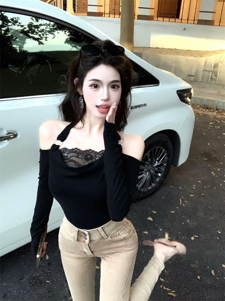 Long-Sleeve Cold-Shoulder Plain Lace Trim Tee Product Image