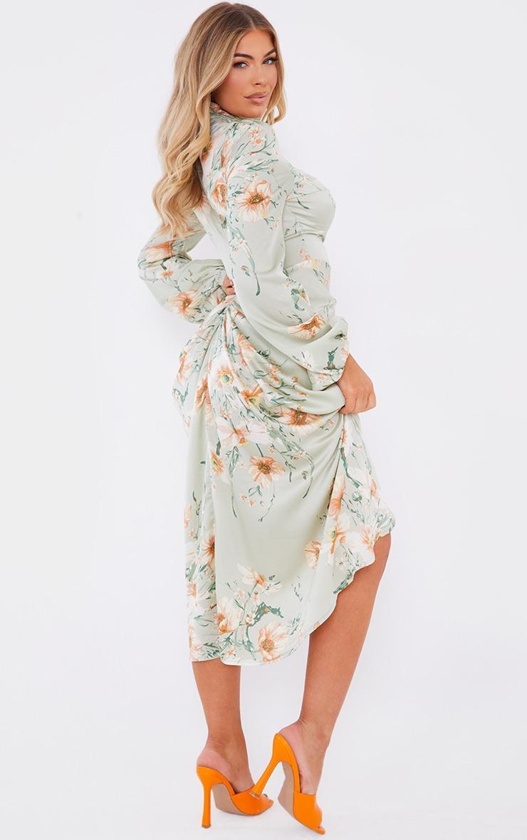 Sage Green Floral Twist Bust Draped Midi Dress Product Image