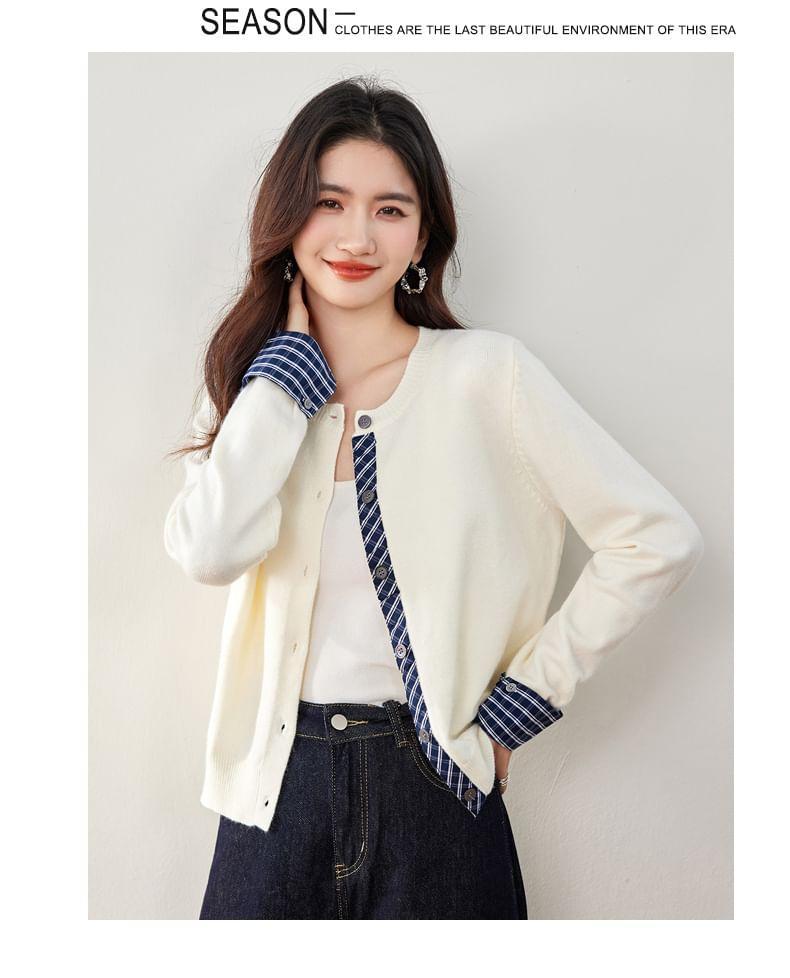 Mock Two-Piece Round Neck Plaid Panel Cardigan Product Image