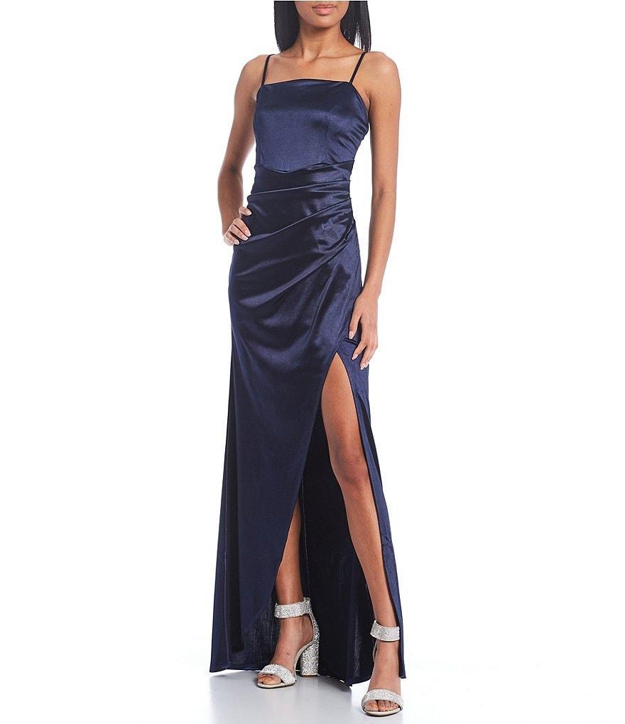 Honey and Rosie Spaghetti-Strap Square-Neck Faux-Wrap Slit Hem Stretch Satin Long Dress Product Image