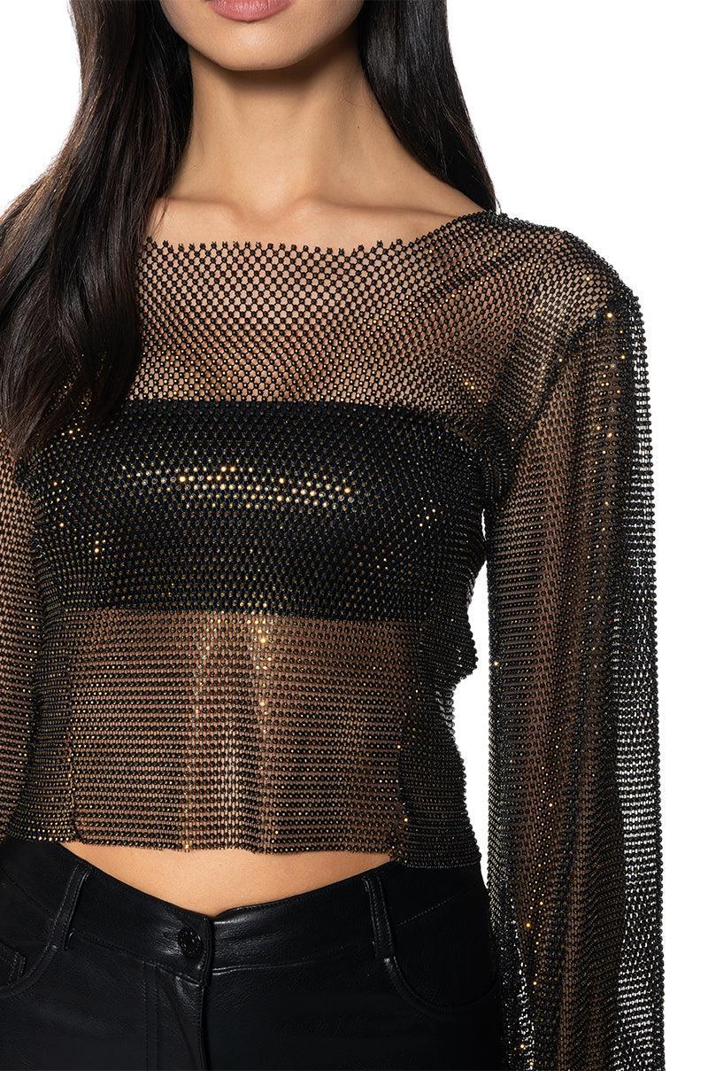 BLURRED LOVE LONG SLEEVE RHINESTONE TOP IN BLACK Product Image