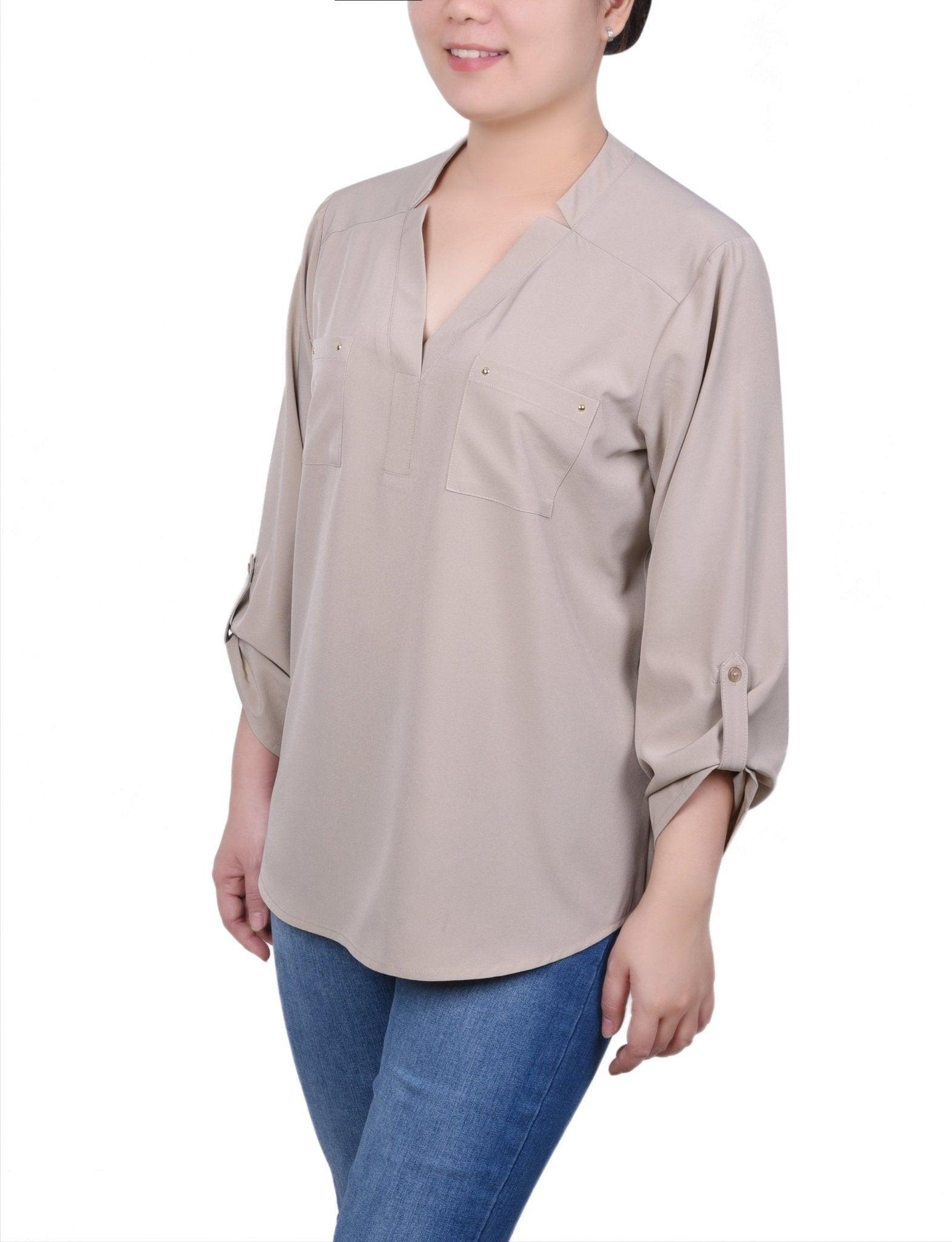 NY Collection Roll Tab Sleeve Blouse with Pockets - Petite Product Image