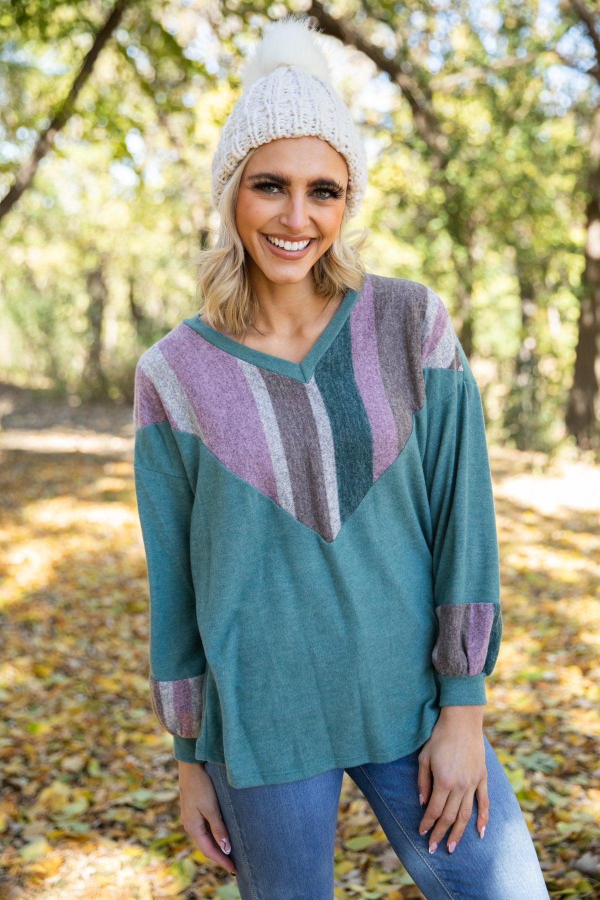 Emerald Green and Mauve Colorblock Chevron Top product image