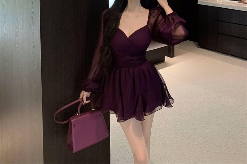 Long Sleeve V-Neck Plain Chiffon Ruffle Trim Mini A-Line Dress Product Image