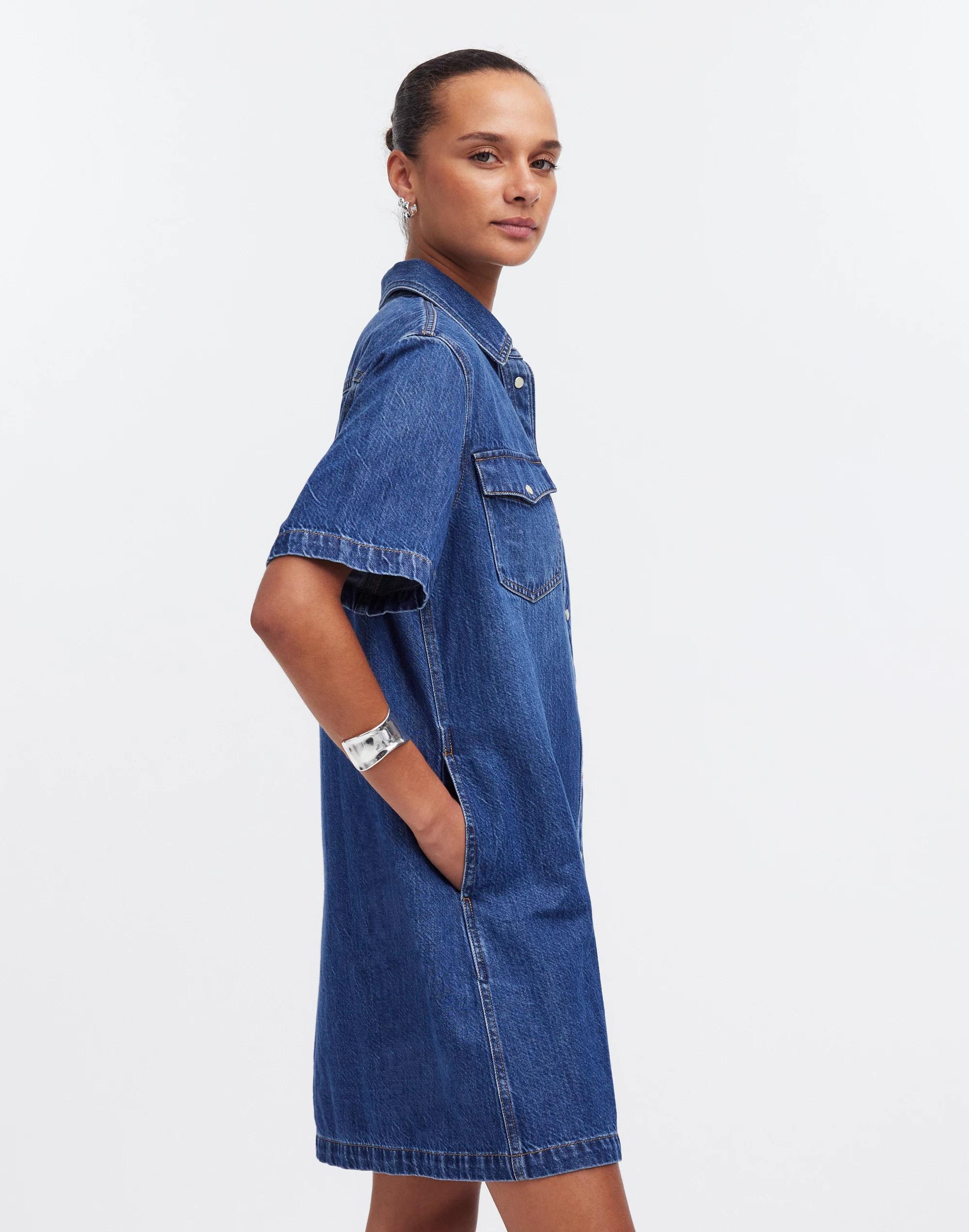 Denim Oversized Short-Sleeve Shirtdress in Santee Wash Product Image