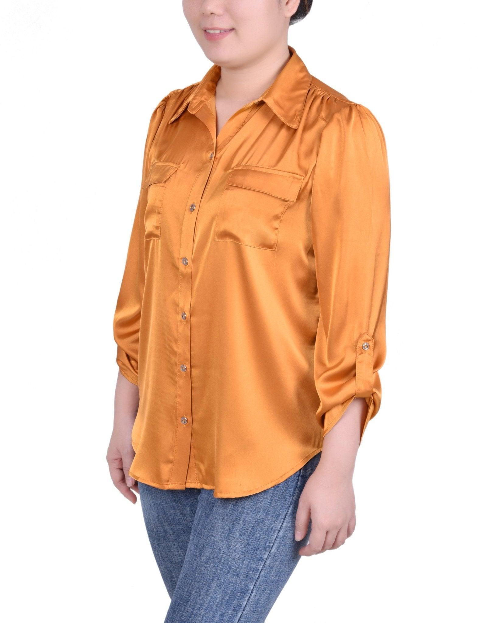 Tabbed Long Sleeve Satin Blouse - Petite Product Image