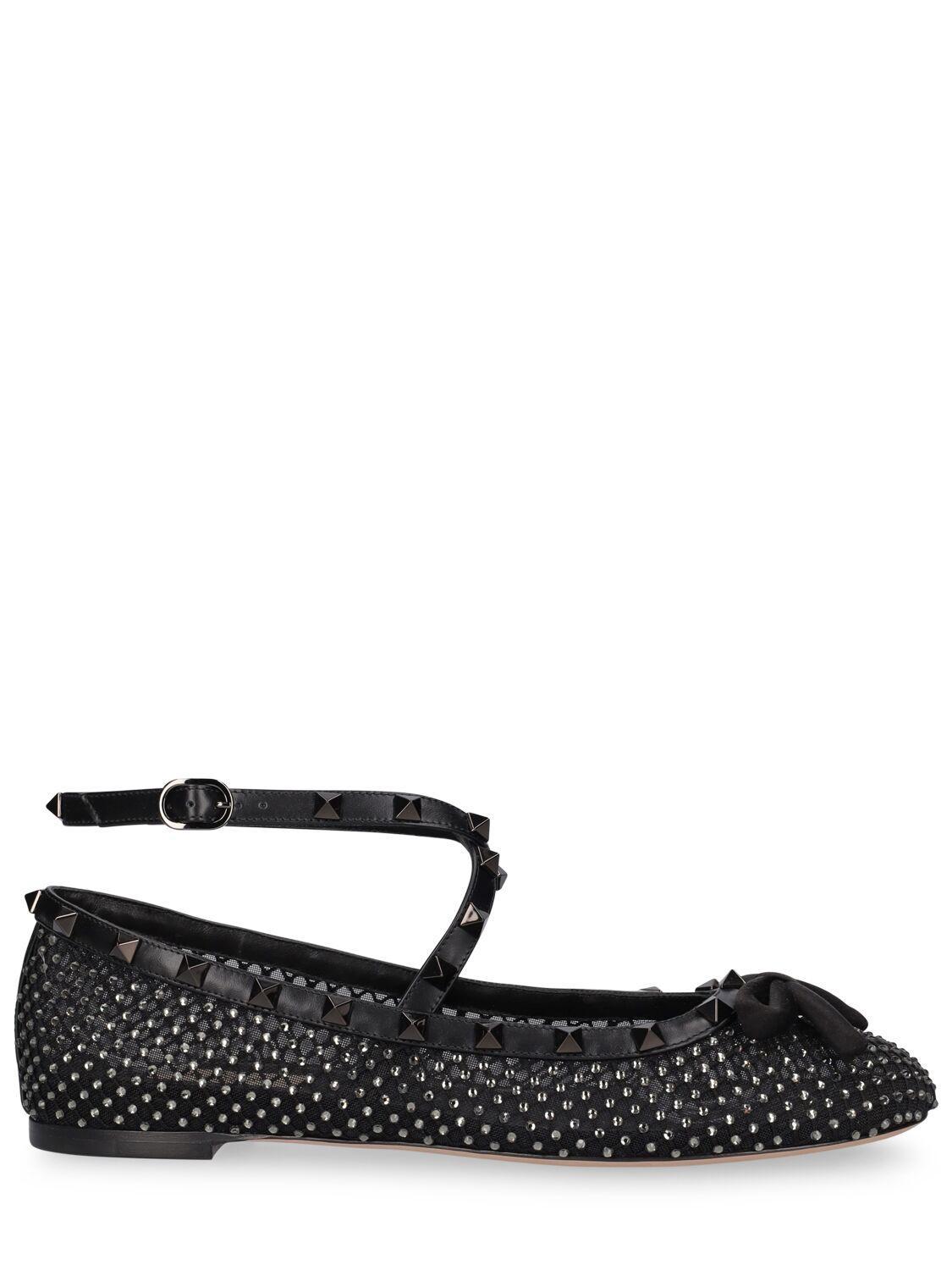 Rockstud Rhinestone-embellished Ballerina Shoes In Black Product Image