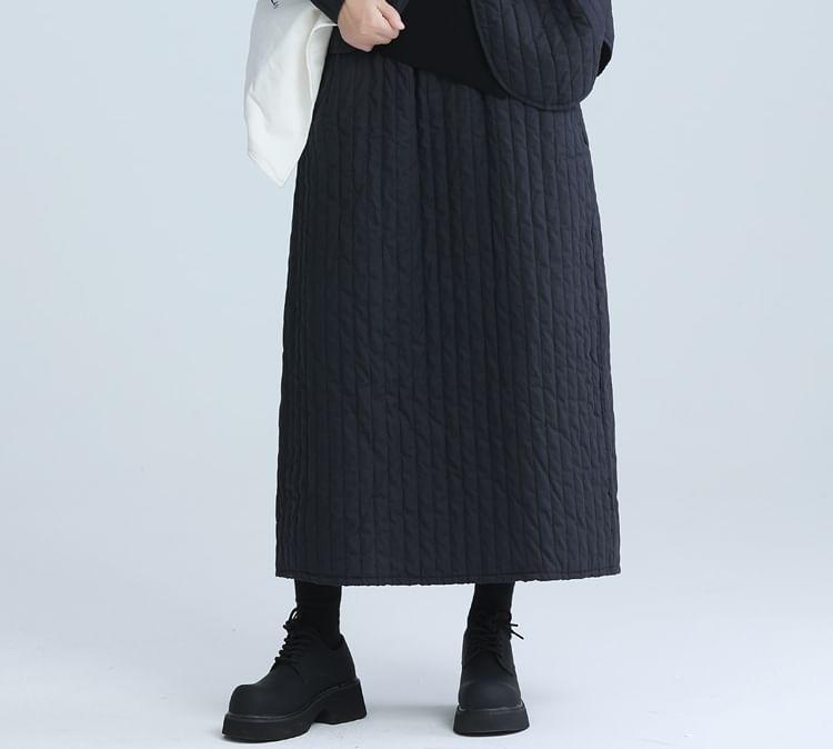 High Rise Plain Ribbed Maxi A-Line Skirt Product Image