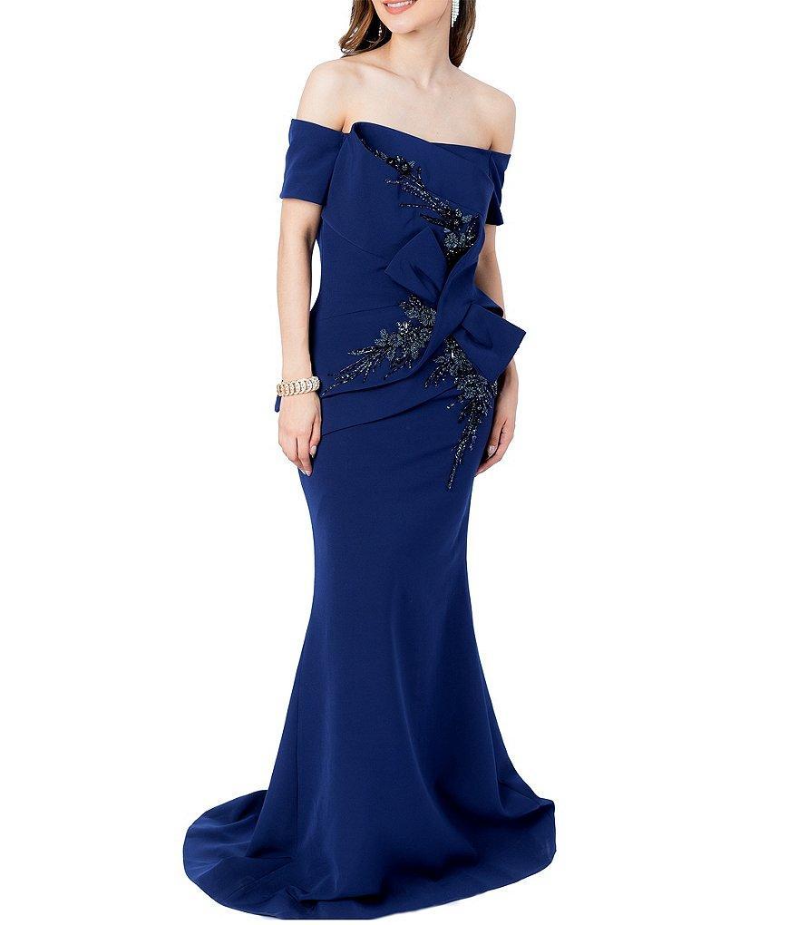 Terani Couture Off-The-Shoulder Short Sleeve Peplum Waist Mermaid Gown Product Image