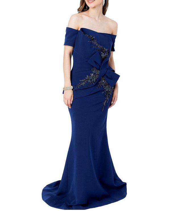 Terani Couture Off-The-Shoulder Short Sleeve Peplum Waist Mermaid Gown Product Image