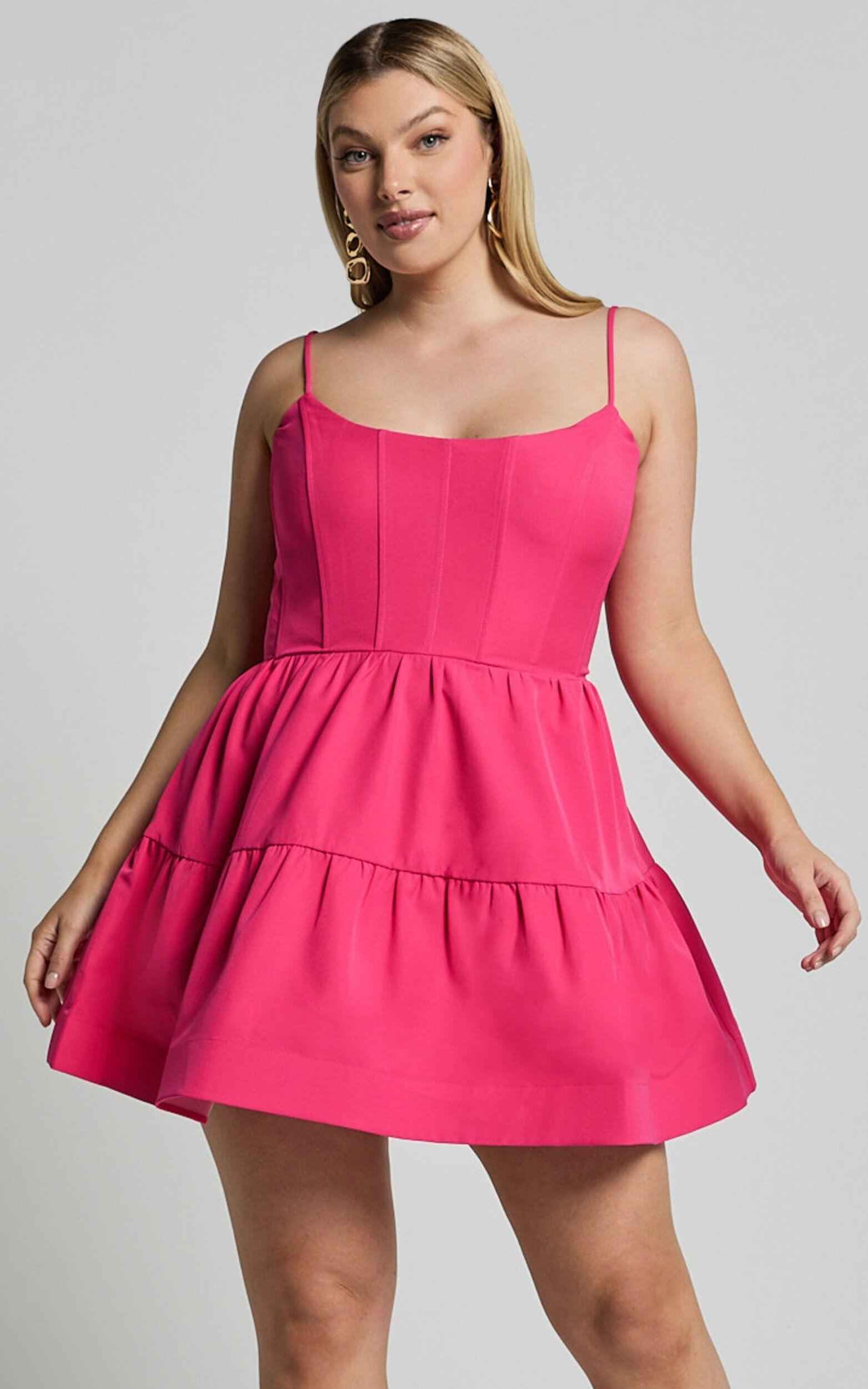 Zelda Mini Dress - Corset Front Tiered Lace Up Mini Dress in Pink Product Image