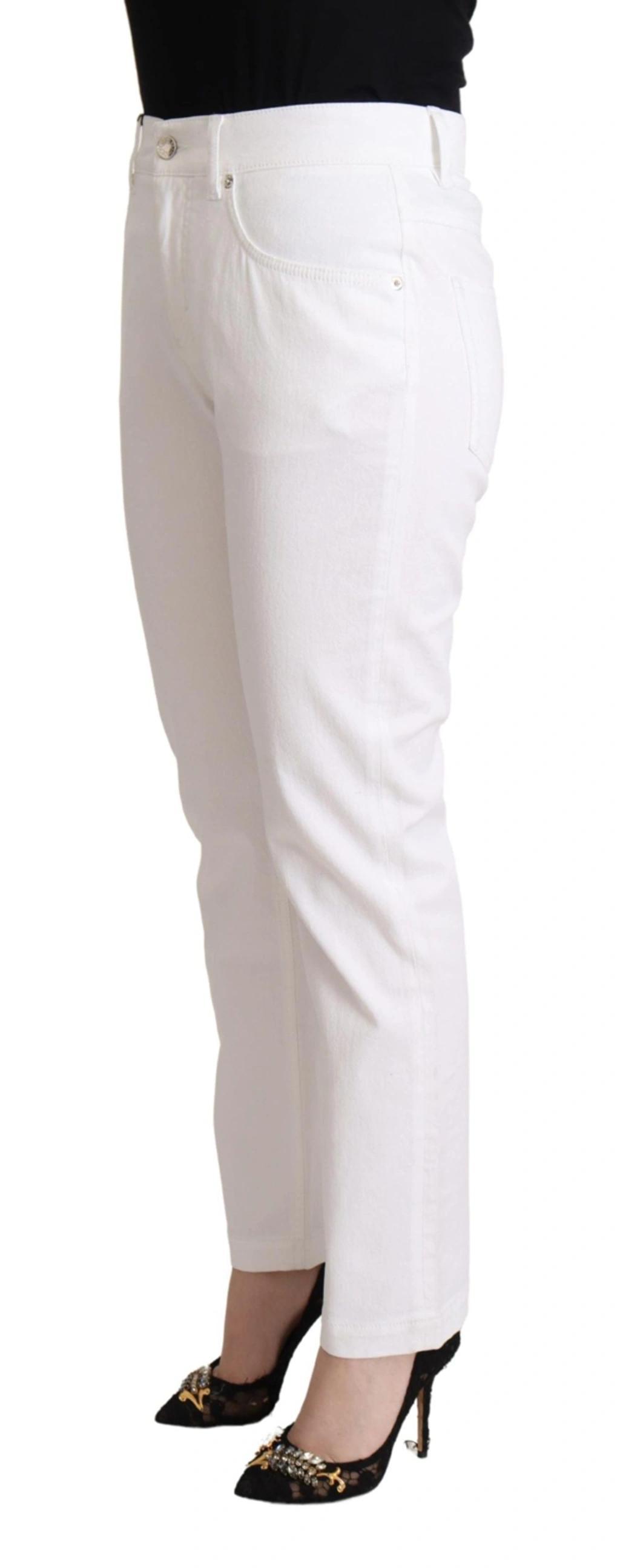 White Cotton Mid Waist Denim Tapered Jeans Product Image