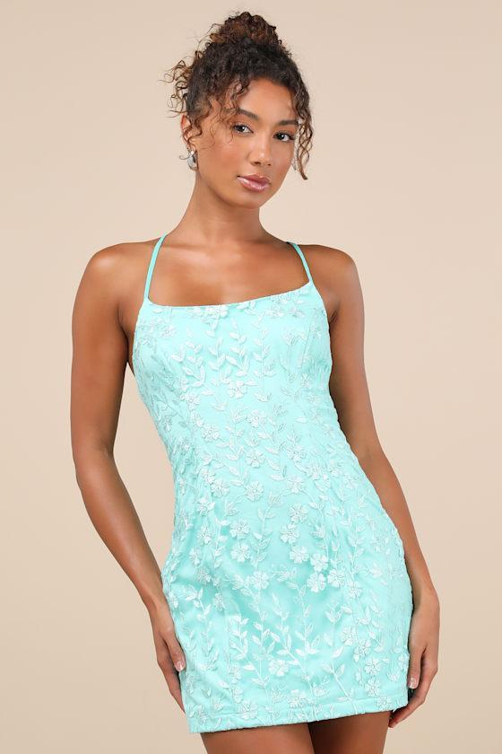 Lively Sweetheart Turquoise Mesh Embroidered Lace-Up Mini Dress Product Image