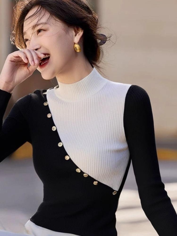 Long-Sleeve Mock Neck Two Tone Knit Top Product Image