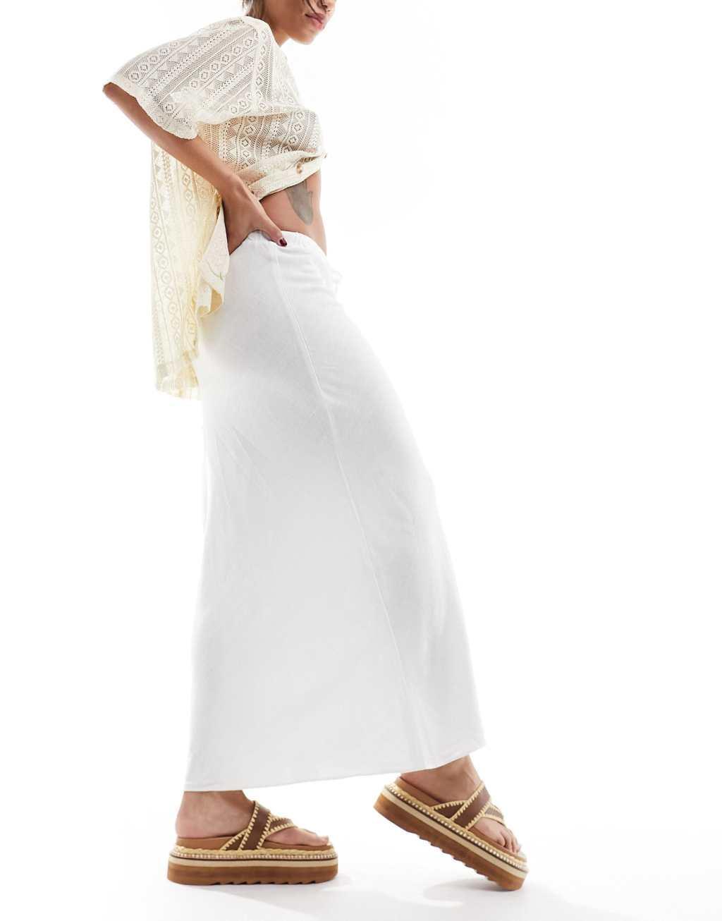 ASOS DESIGN linen look tie waist bias cut midi skirt in white Product Image