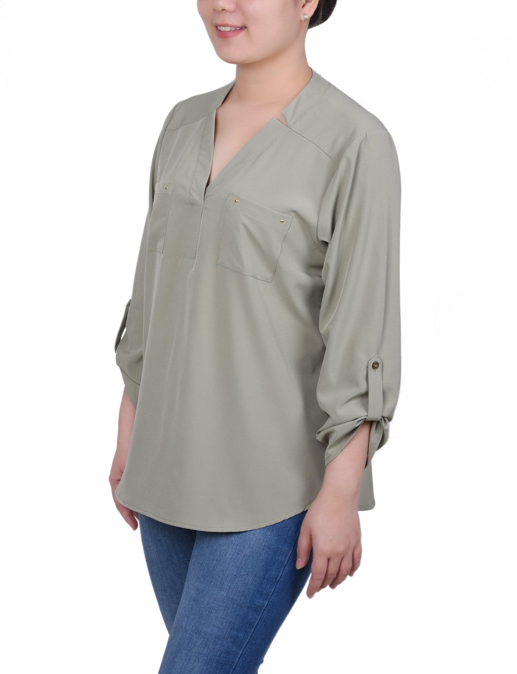 Roll Tab Sleeve Blouse with Pockets - Petite Product Image