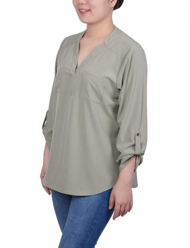 NY Collection Roll Tab Sleeve Blouse with Pockets - Petite Product Image