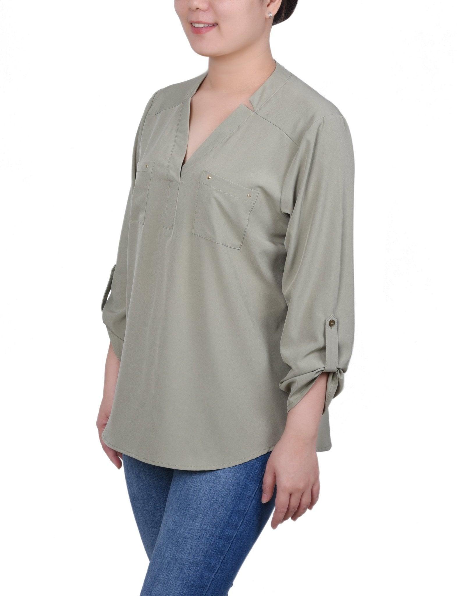 NY Collection Roll Tab Sleeve Blouse with Pockets - Petite Product Image