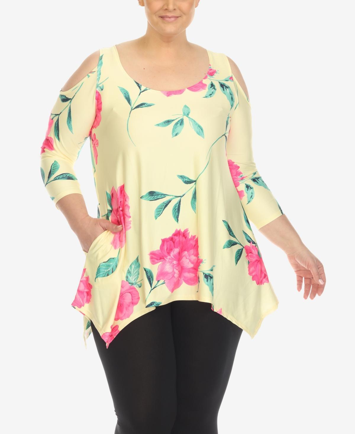 White Mark Plus Size Floral Printed Cold Shoulder Tunic Top - White Product Image