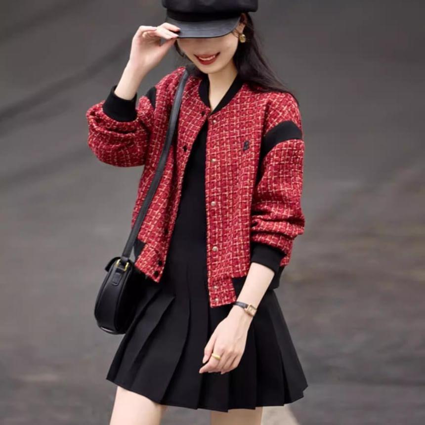 Round Neck Tweed Button Cropped Jacket Product Image