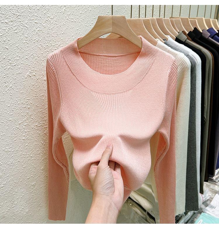 Long Sleeve Crew Neck Plain Knit Top Product Image