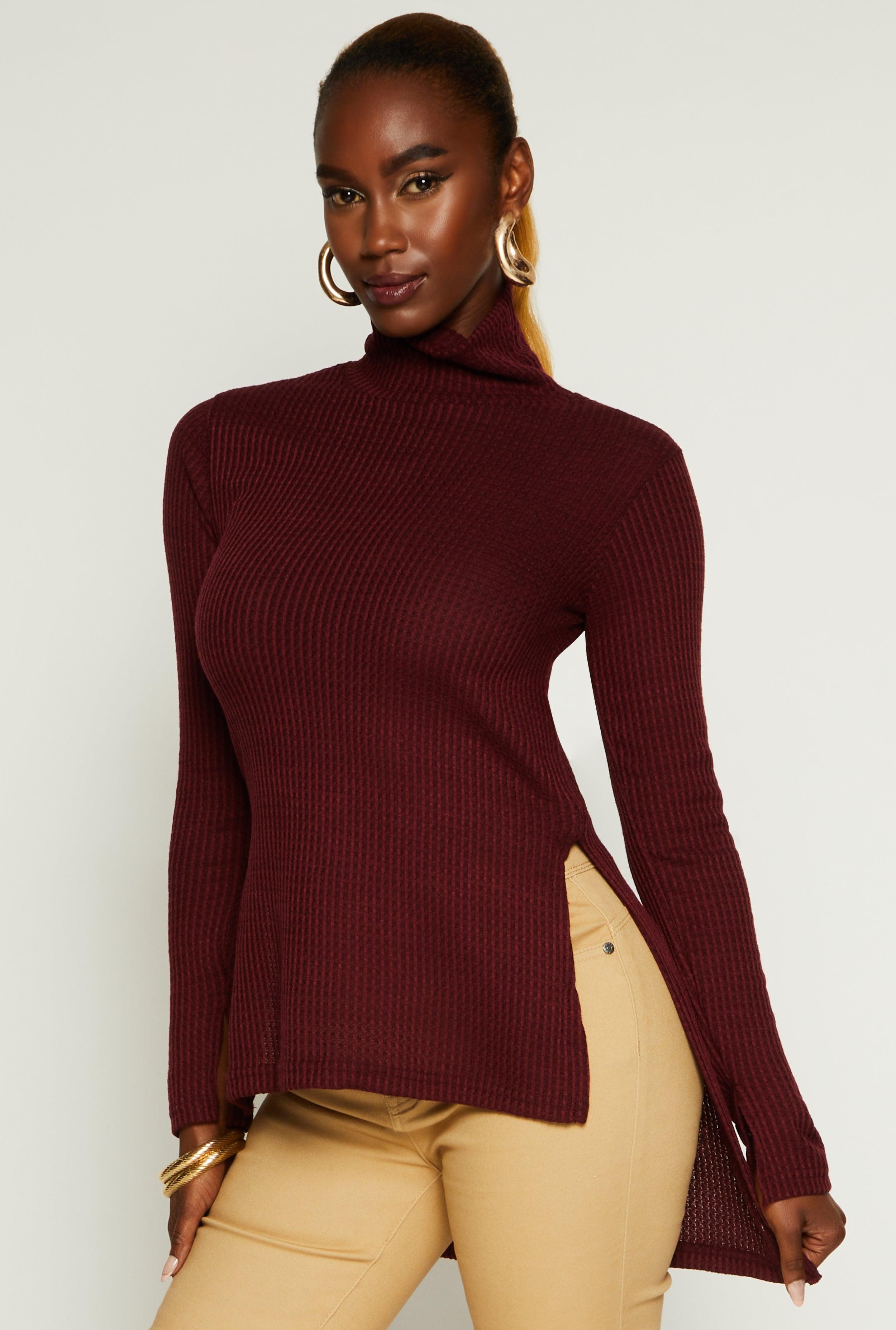 Womens Waffle Knit Turtleneck High Low Top Product Image