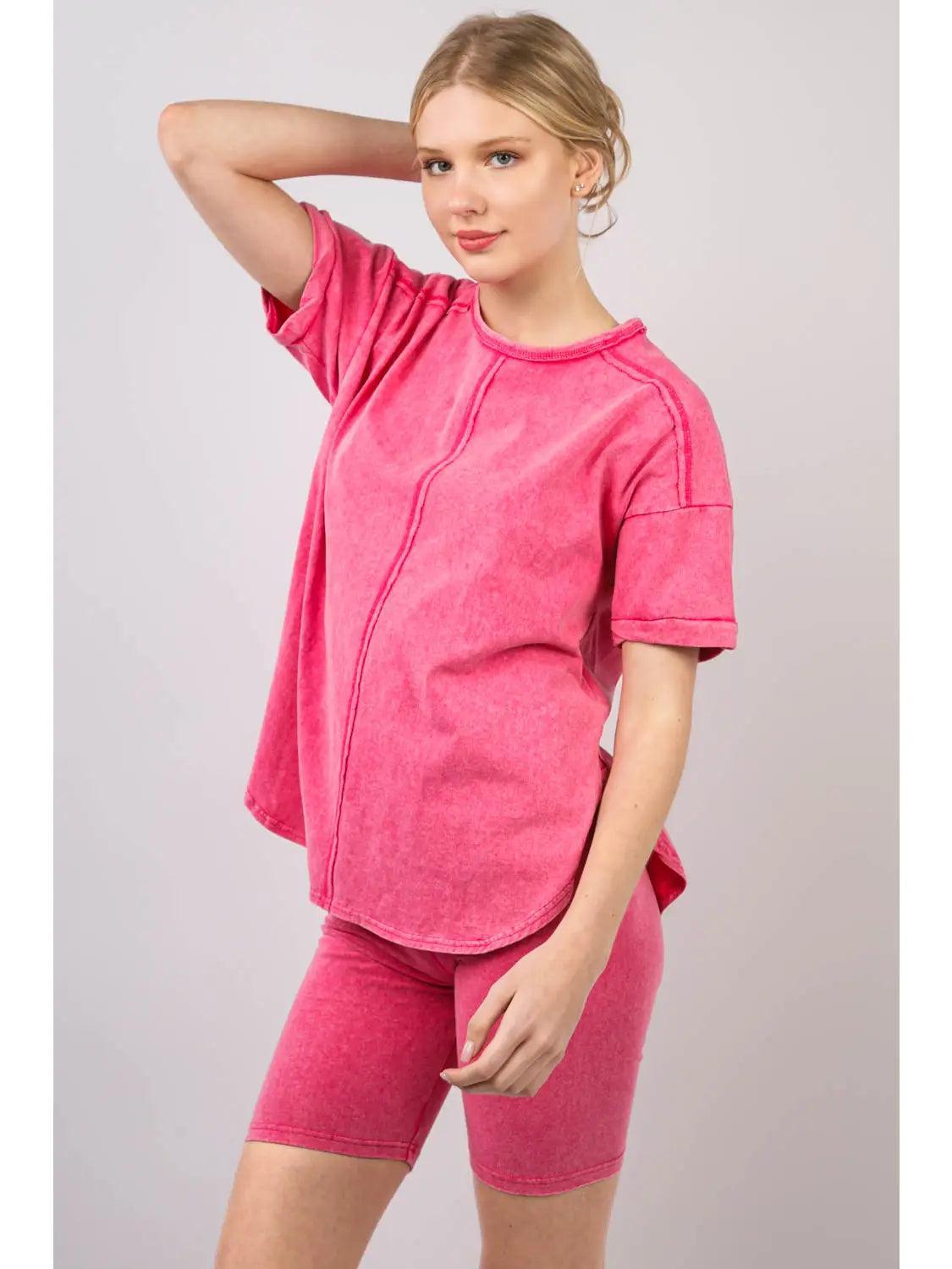 Pink Washed Stretchy Knit Activewear Top & Shorts Female Product Image