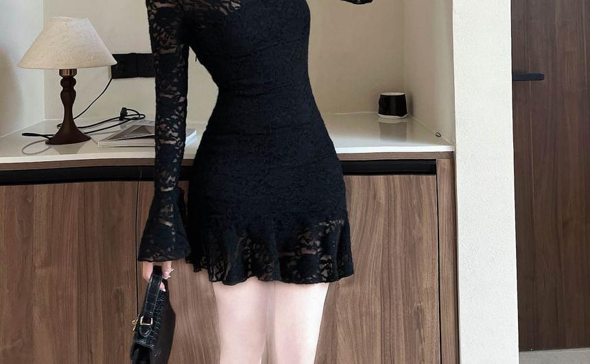 Long Sleeve V-Neck Floral Lace Ruffle Hem Bodycon Mini Dress Product Image