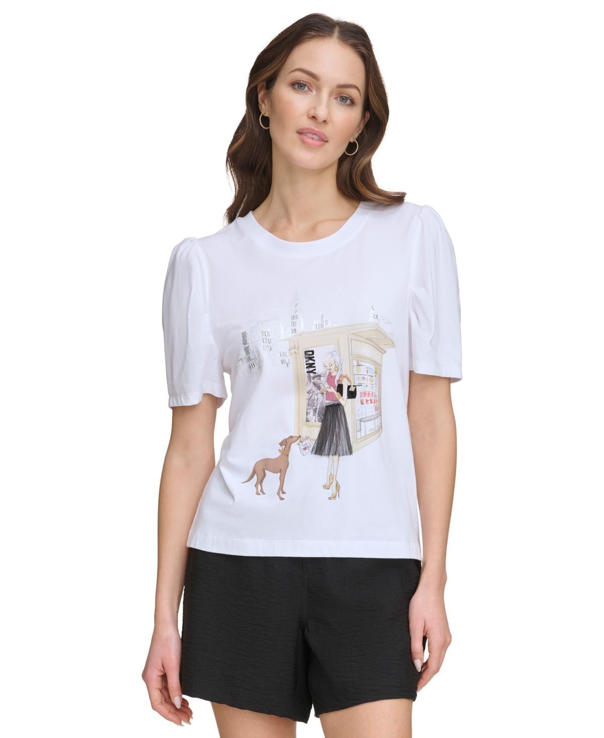 Dkny Womens Graphic-Print Puff-Sleeve T-Shirt Product Image