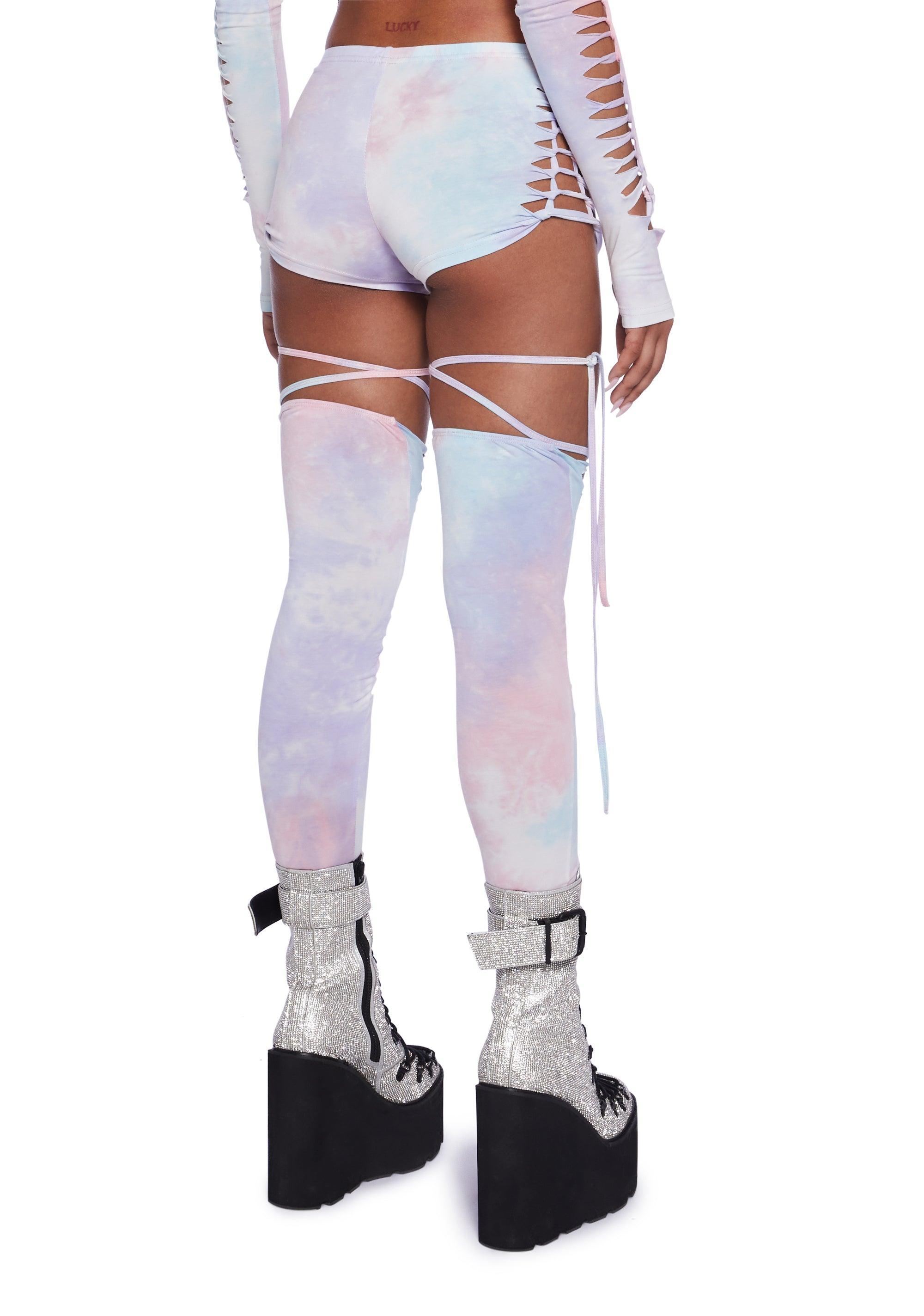 Club Exx Burning Man Tie Dye Shredded Shorts And Stockings Set - Pink Product Image