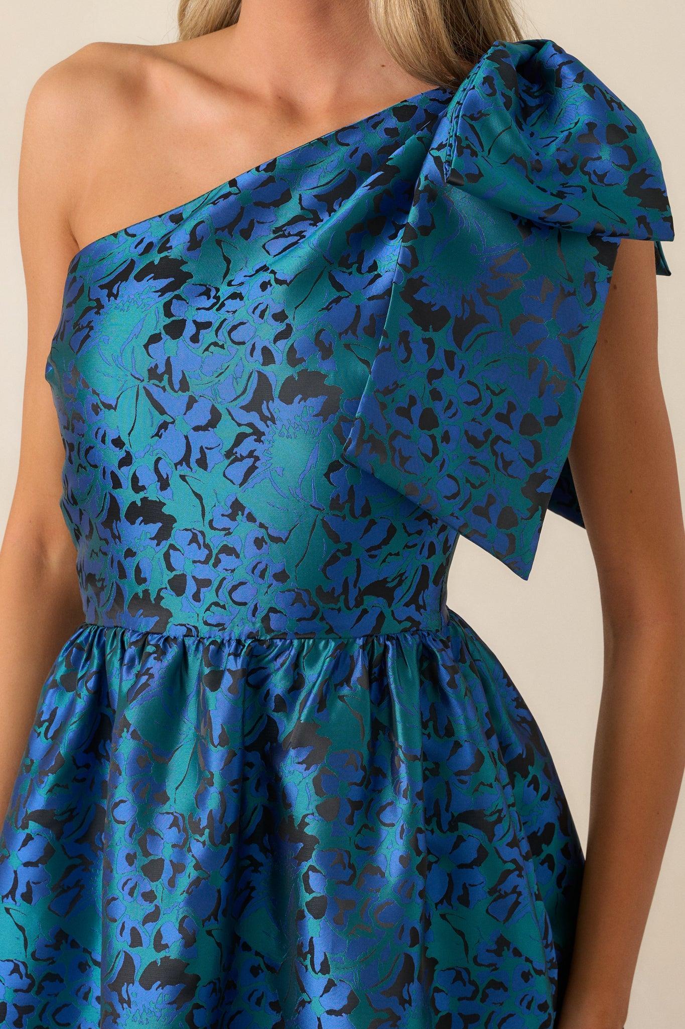 Midnight Toasts Blue Jacquard One Shoulder Midi Dress Product Image