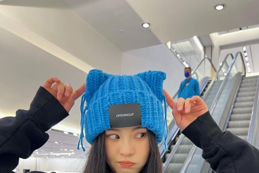 Cat Ear Lettering Applique Knit Beanie product image