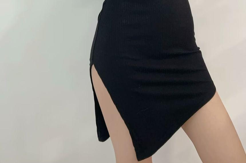 Long-Sleeve Scoop Neck Plain Asymmetrical Slit Mini Bodycon Dress Product Image