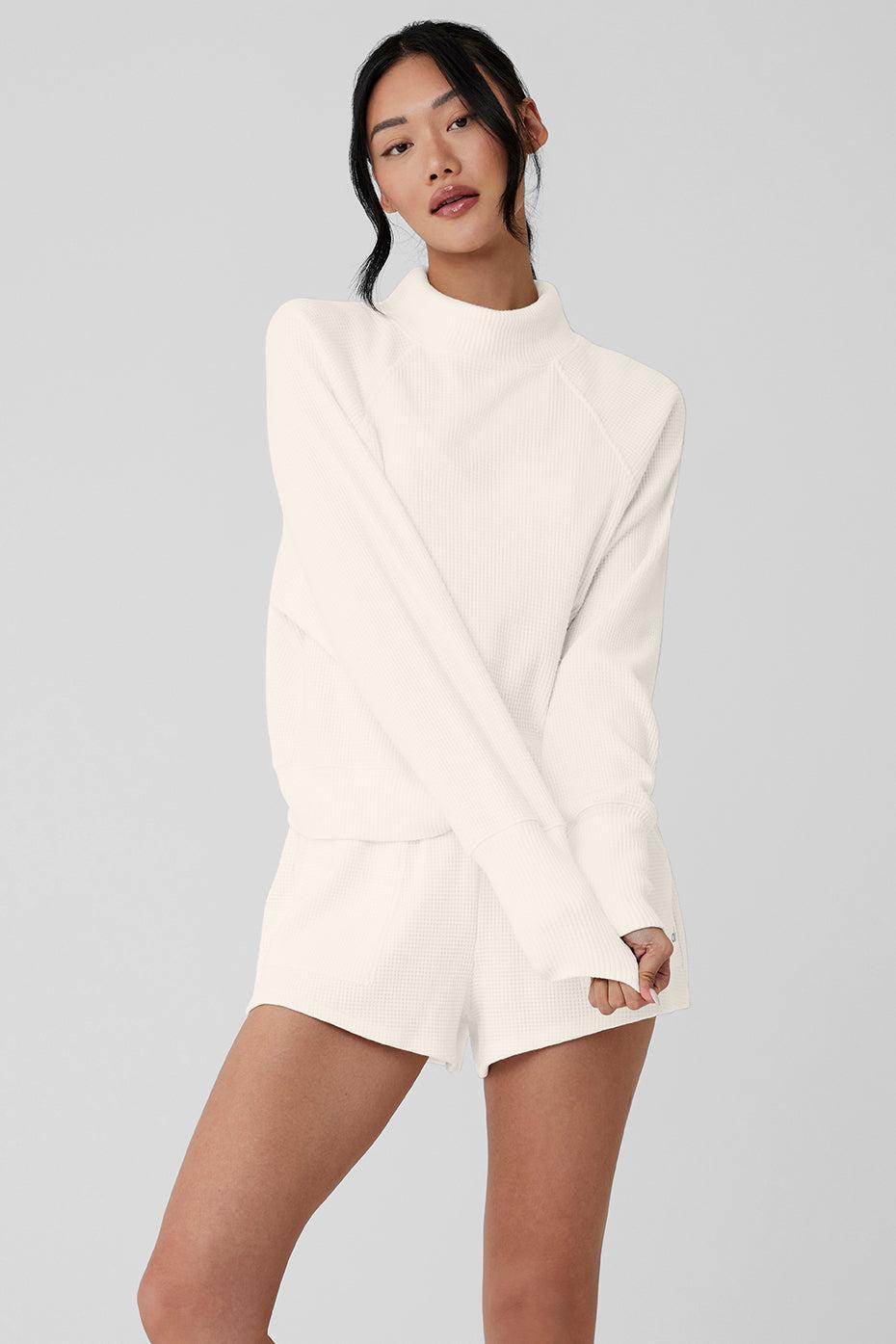 Alo Yoga | Waffle Weekend Escape Mock Neck Long Sleeve Sweatshirt White Product Image