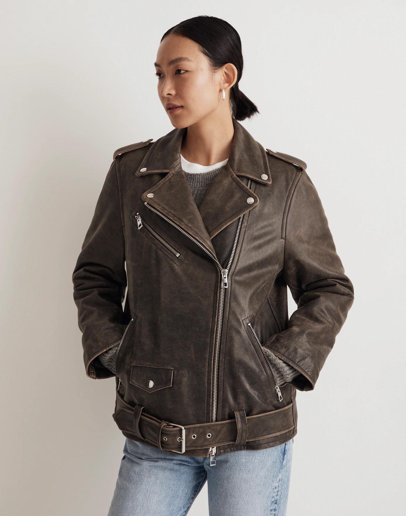 Distressed Leather Oversized Motorcycle Jacket Product Image