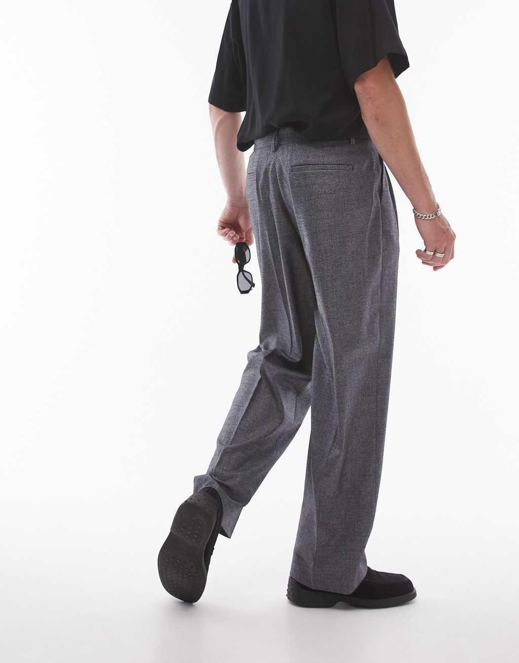 Topman wide leg cross hatch suit pants in gray Product Image