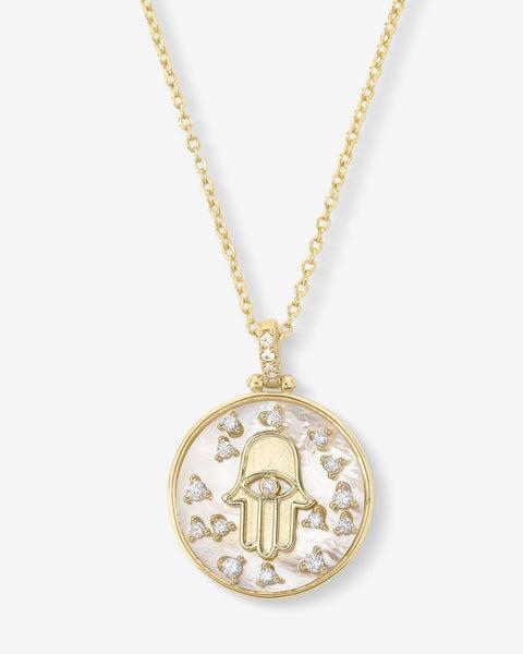 Hamsa Medallion Necklace - Gold|White Diamondettes Product Image