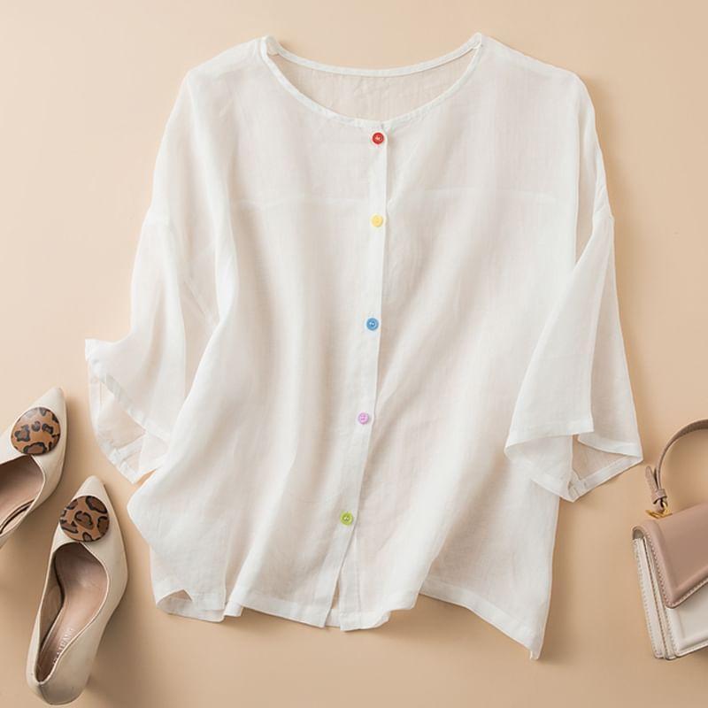 Short-Sleeve Plain Button-Up Blouse Product Image