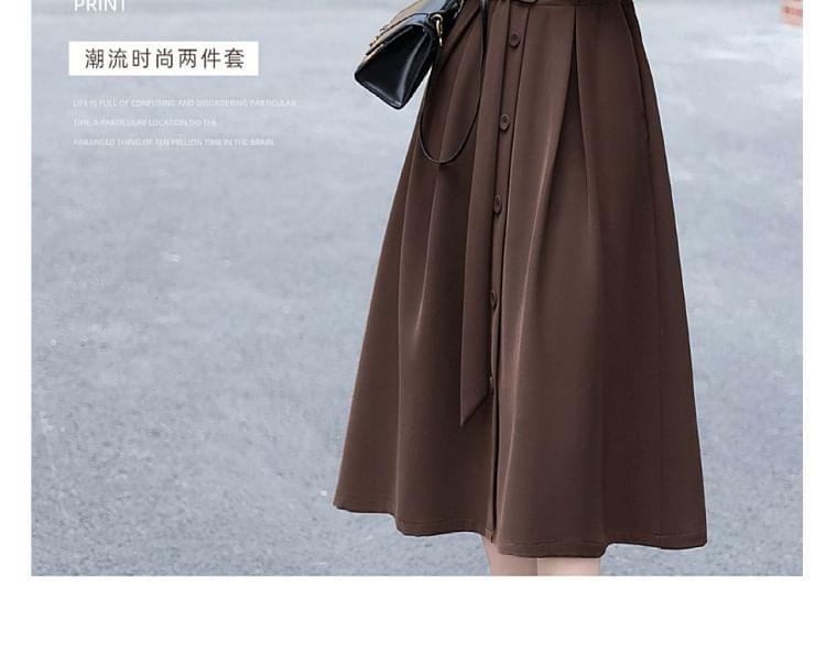 Set: Long-Sleeve Mock Neck Plain Midi A-Line Dress + Double Breasted Crop Vest Product Image