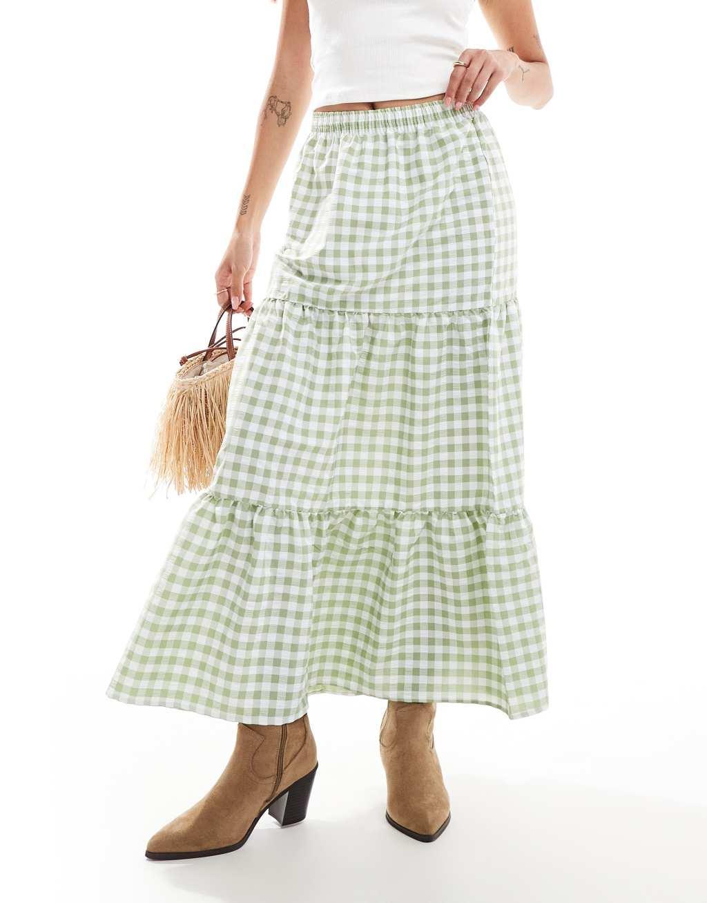 Miss Selfridge tiered maxi gingham skirt in sage Product Image