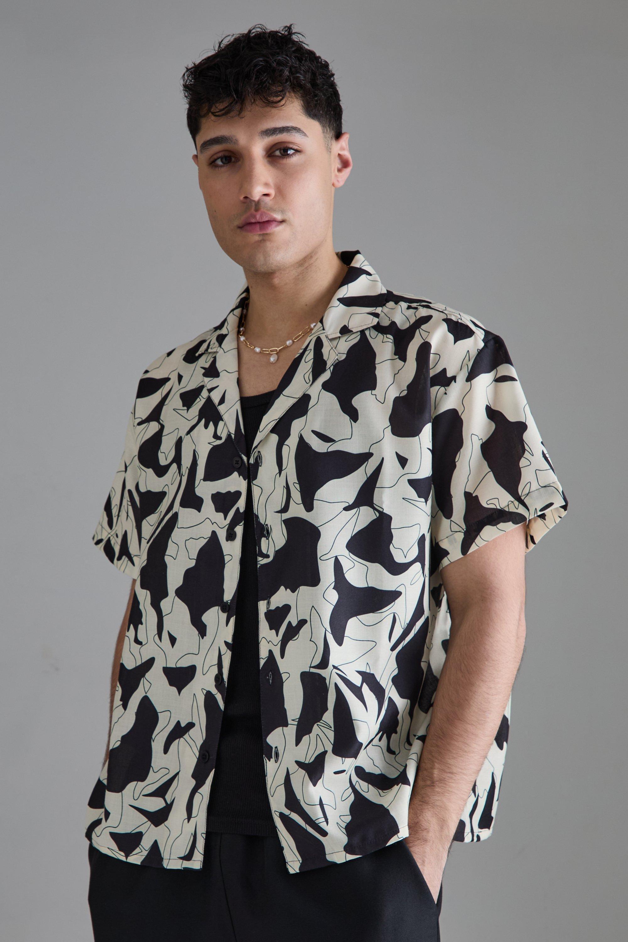 Mens Beige Short Sleeve Boxy Slub Floral Shirt, Beige Product Image