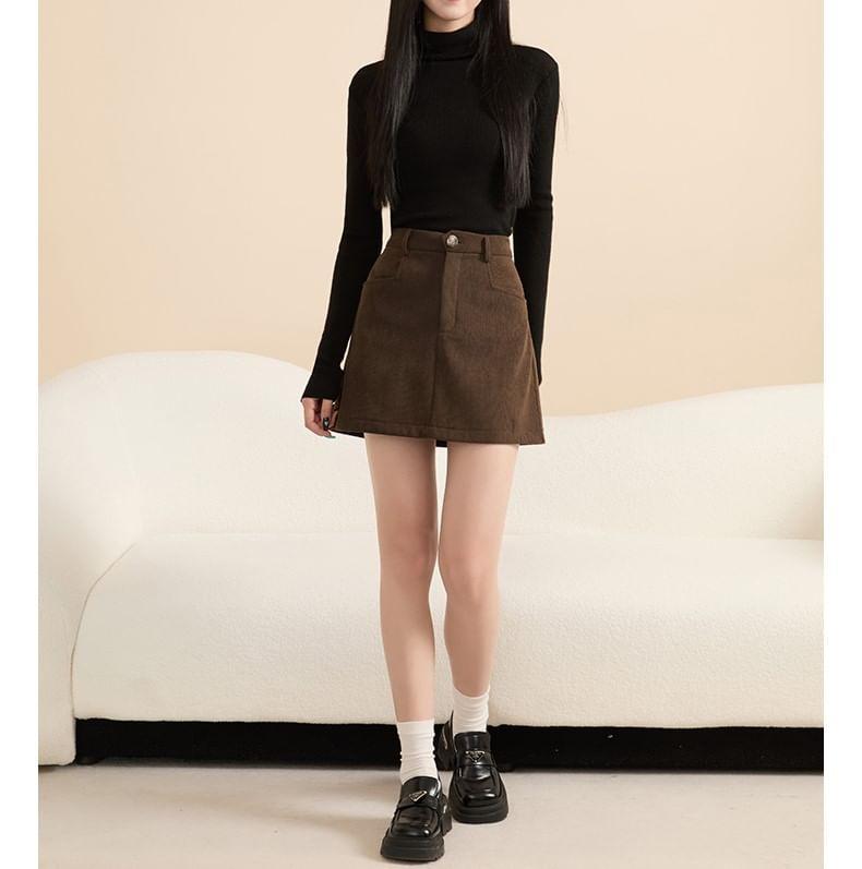 High Waist Plain Corduroy Mini A-Line Skirt Product Image